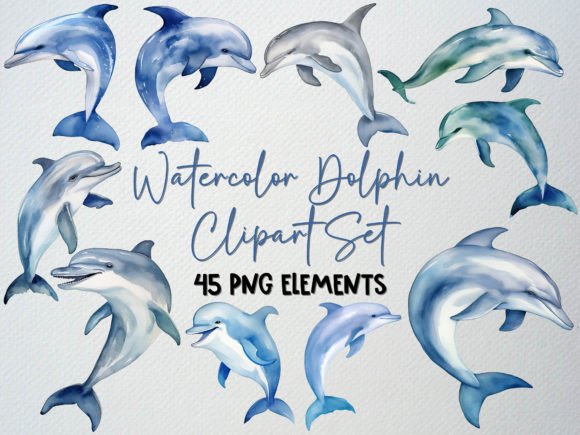 Download Watercolor Dolphin Clipart Set, 45 PNG - Dolphin clipart Collection