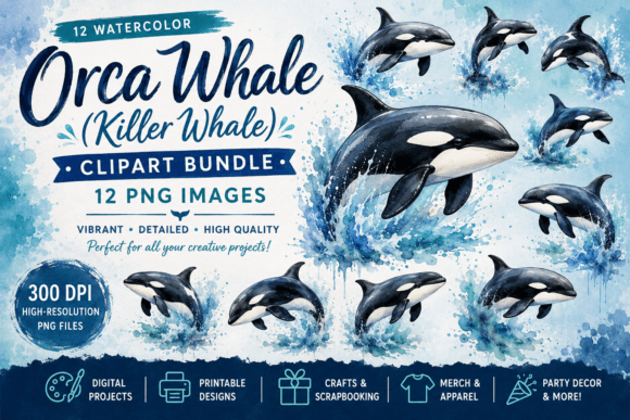 Download Vintage Orca Watercolor Clipart Bundle - Orca Collection